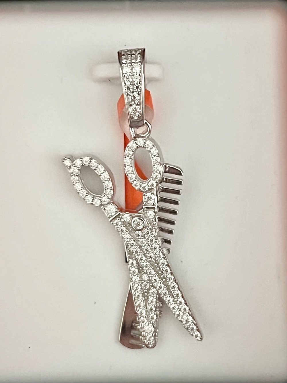 🆕 Barber/Hairdresser Scissors & Comb Pendant. Sterling & Moissanite $500 retail